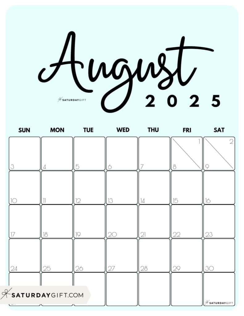 08 AUG Cute Printable August 2025 Calendar by Month Blue Vertical Sunday-start | SaturdayGift