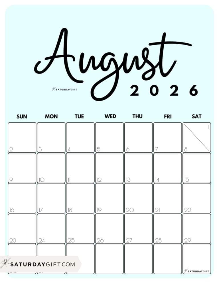 August 2026 Calendars - 23 Cute Free Printable PDFs by SaturdayGift