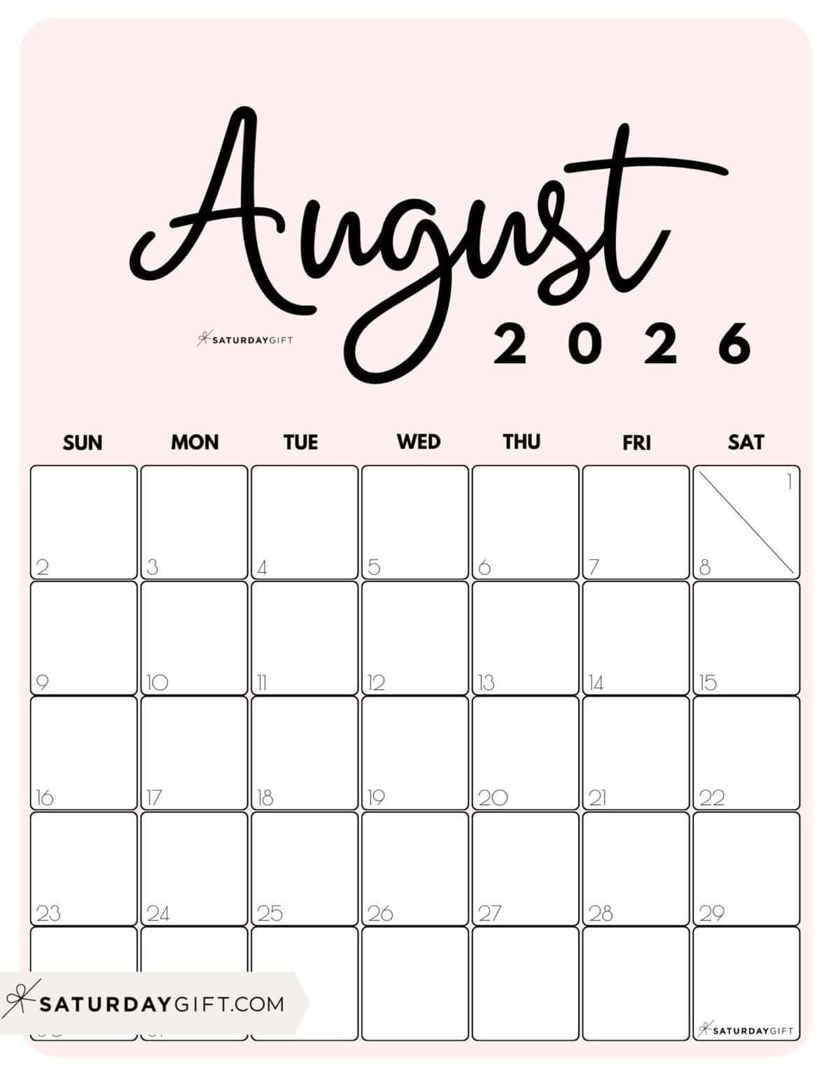 August 2026 Calendars - 23 Cute Free Printable PDFs by SaturdayGift