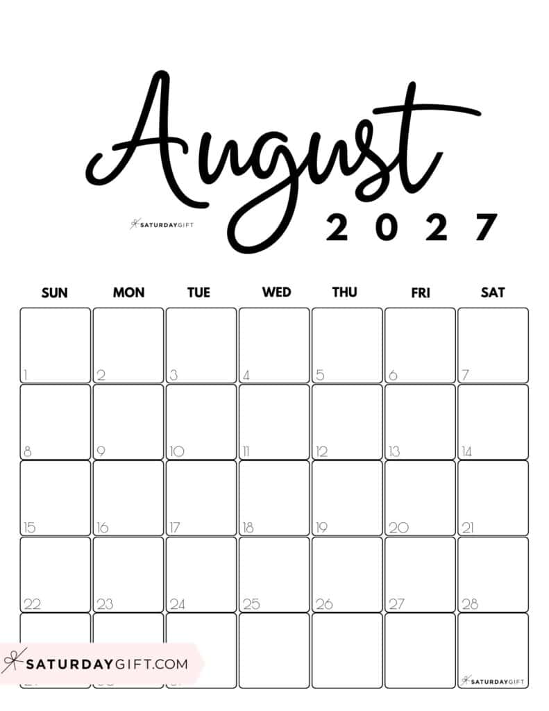 Cute Printable August 2027 Calendar by Month Black White Vertical Sunday-start | SaturdayGift