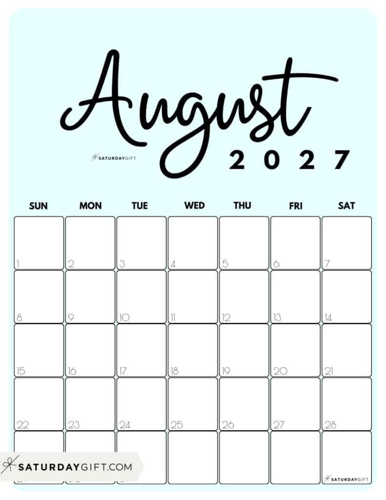 Cute Printable August 2027 Calendar by Month Blue Vertical Sunday-start | SaturdayGift