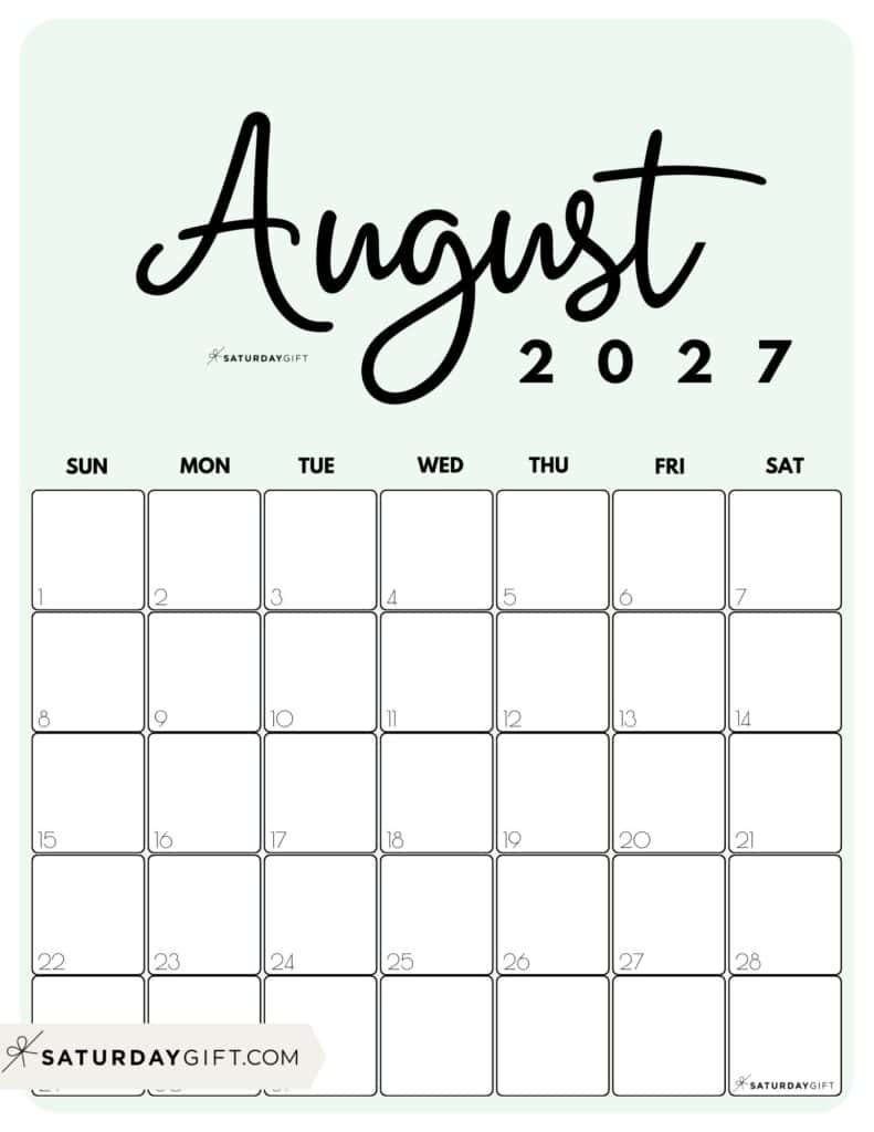 Cute Printable August 2027 Calendar by Month Green Vertical Sunday-start | SaturdayGift