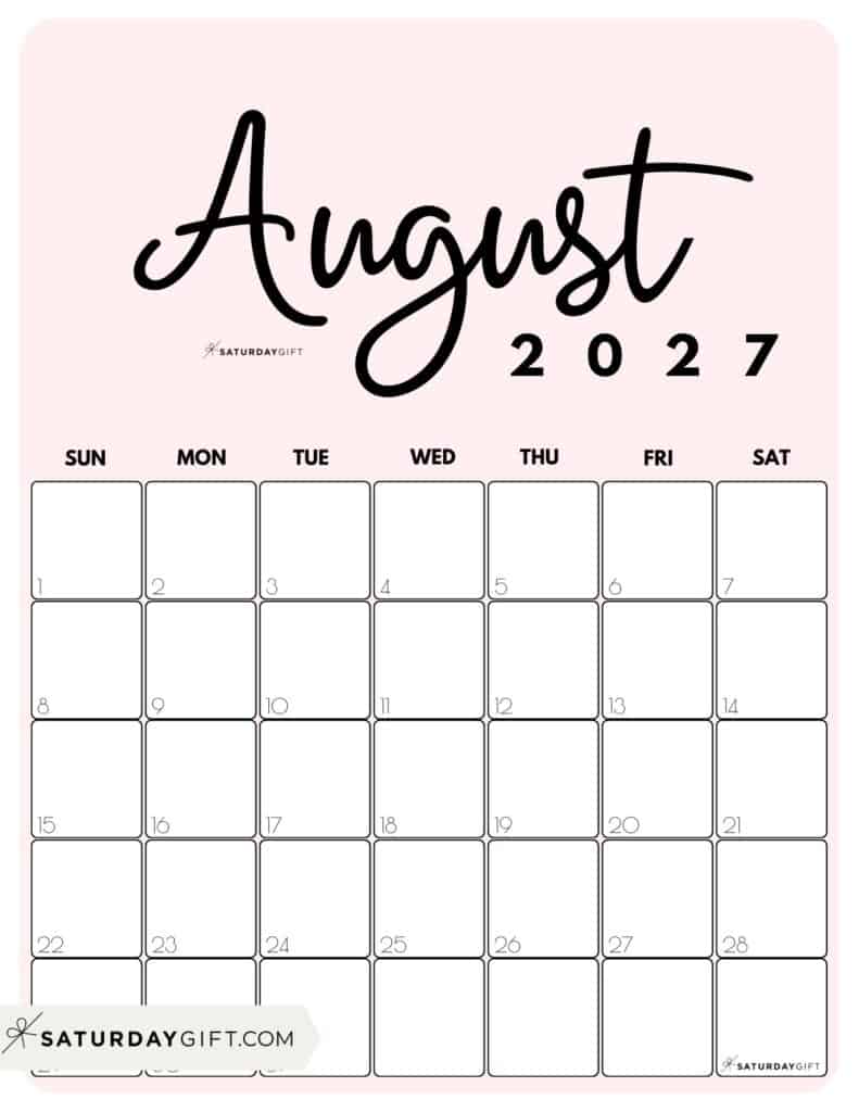 Cute Printable August 2027 Calendar by Month Pink Vertical Sunday-start | SaturdayGift