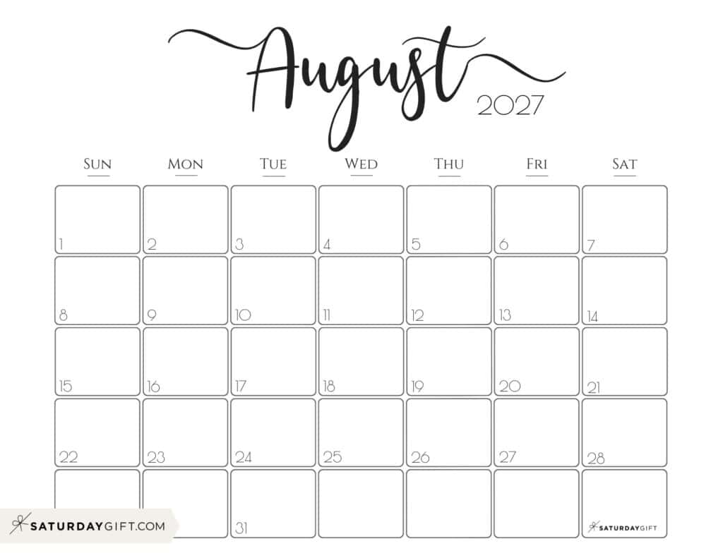 Elegant August 2027 calendar Free Printable Horizontal Landscape Black & White Sunday-Start | SaturdayGift