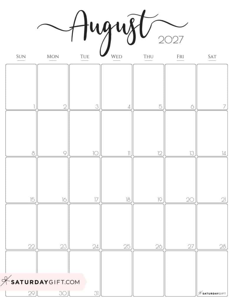 Elegant August 2027 Calendar Free Printable Vertical Portrait Black White Sunday Start | SaturdayGift