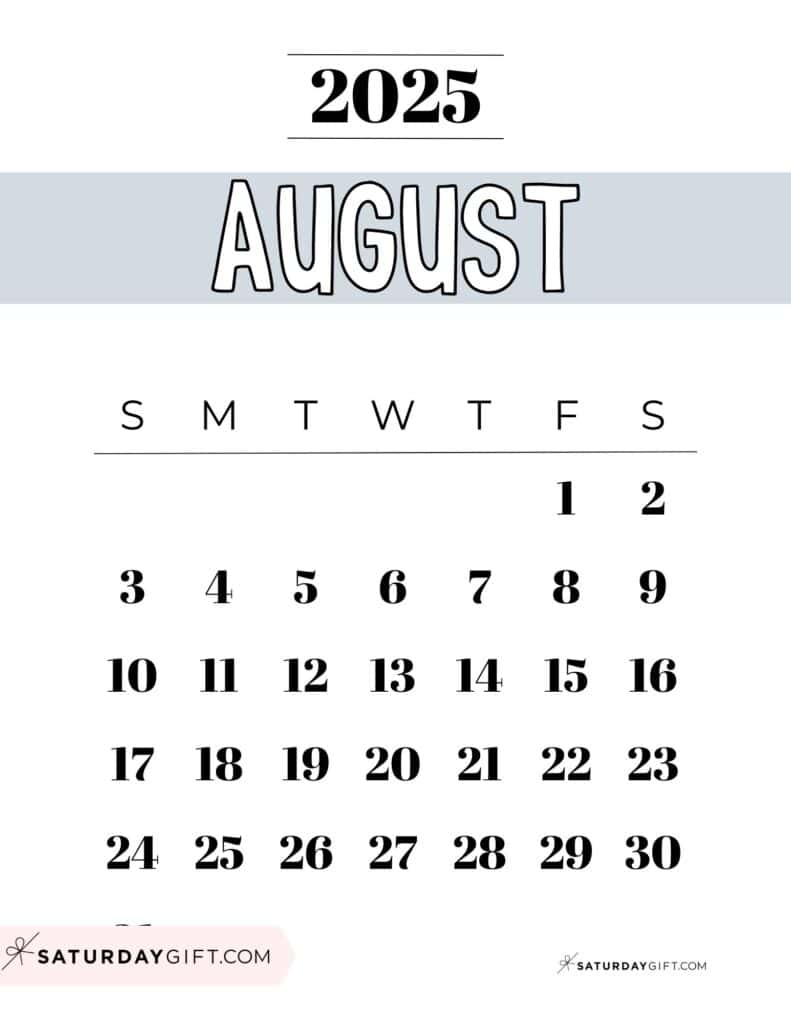 08 AUG Free Printable Grey August 2025 Calendar Template PDF Sunday-Start | SaturdayGift
