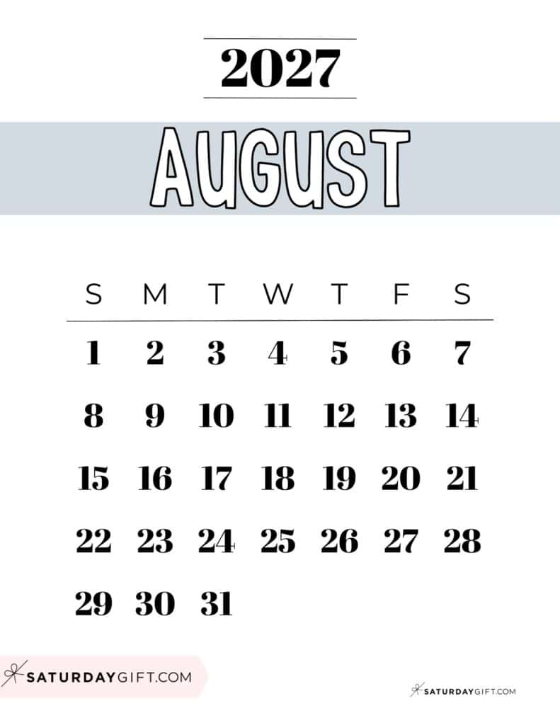 Free Printable Grey August 2027 Calendar Template PDF Sunday-Start | SaturdayGift