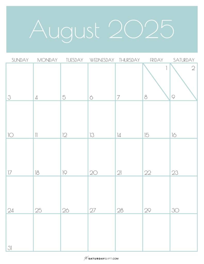 08 AUG Green Monthly Goals August 2025 Calendar Vertical Sunday-start | SaturdayGift
