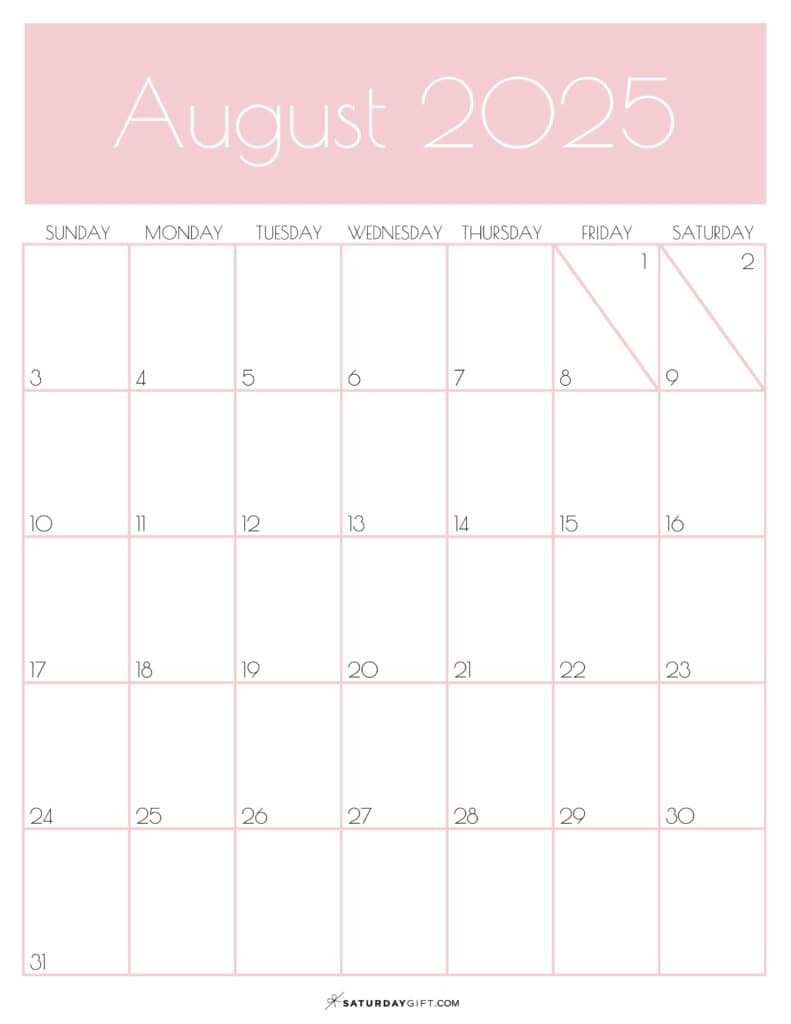 08 AUG Pink Monthly Goals August 2025 Calendar Vertical Sunday-start | SaturdayGift