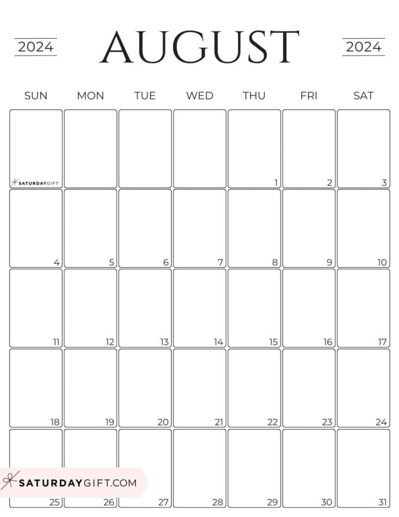 August 2024 Calendar - 20 Cute & FREE Printables | SaturdayGift