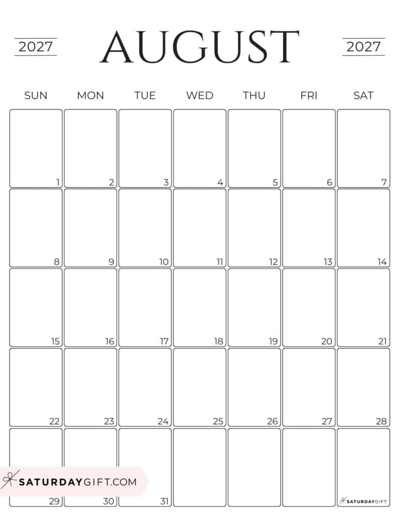 Simple Portrait August 2027 Calendar Free Printable Business Calendar Black & White Sunday-Start | SaturdayGift