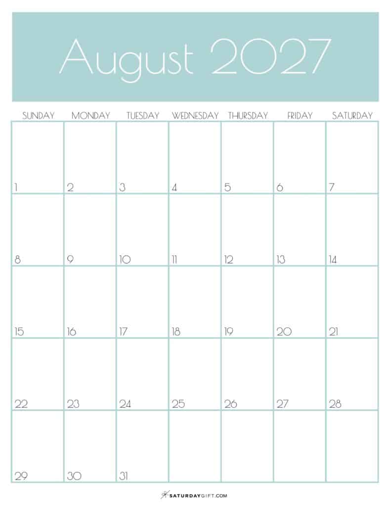 Green Monthly Goals August 2027 Calendar Vertical Sunday-start | SaturdayGift