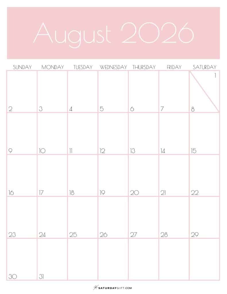 08 Pink Monthly Goals August 2026 Calendar Vertical Sunday-start