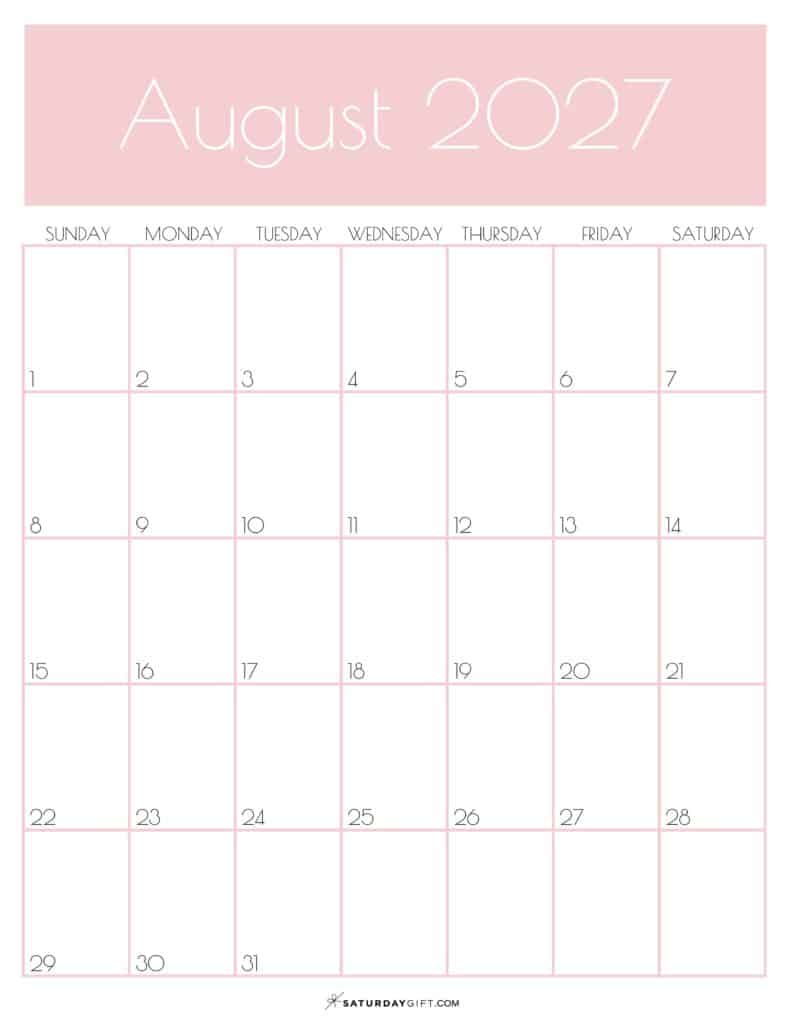 Pink Monthly Goals August 2027 Calendar Vertical Sunday-start | SaturdayGift