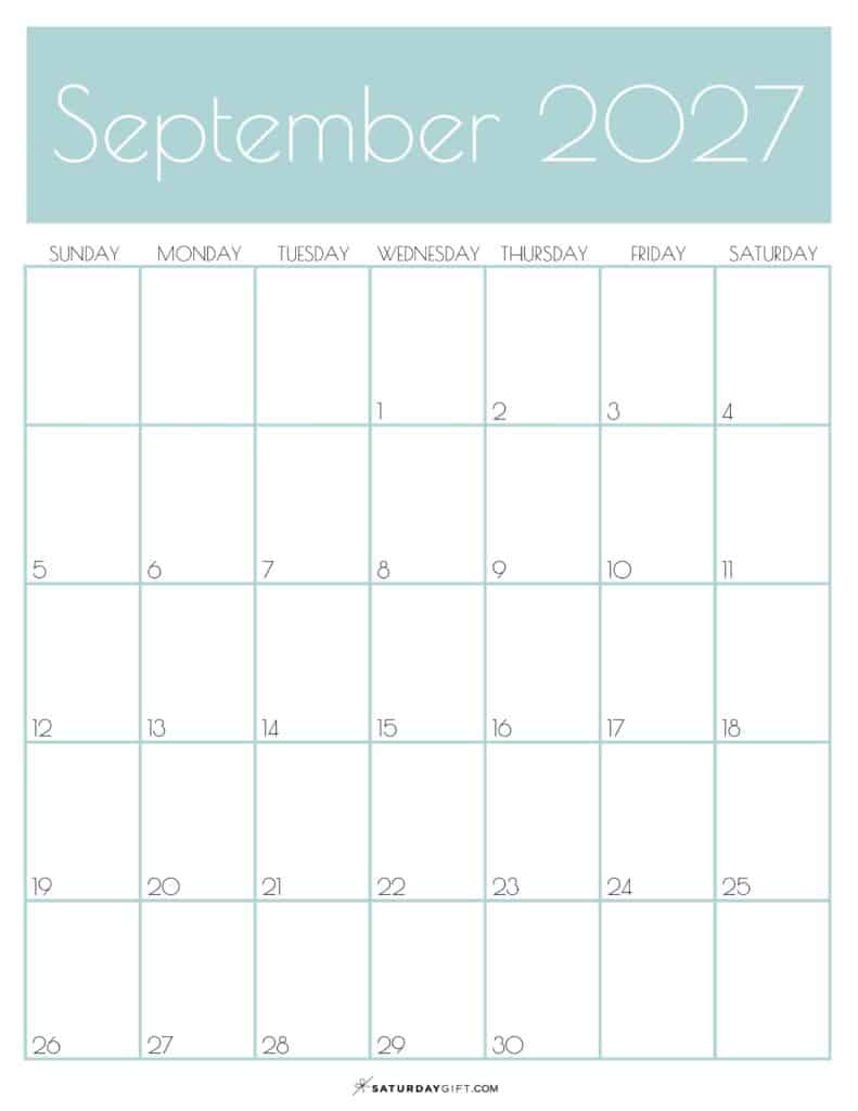 Green Monthly Goals September 2027 Calendar Vertical Sunday-start | SaturdayGift