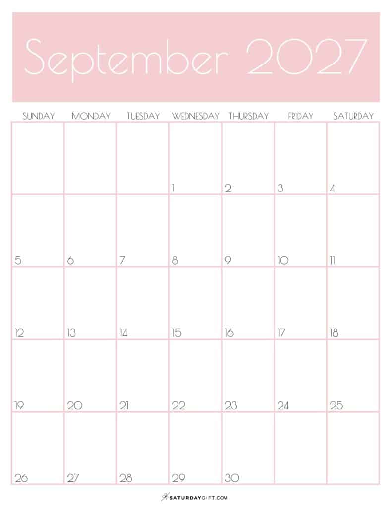 Pink Monthly Goals September 2027 Calendar Vertical Sunday-start | SaturdayGift