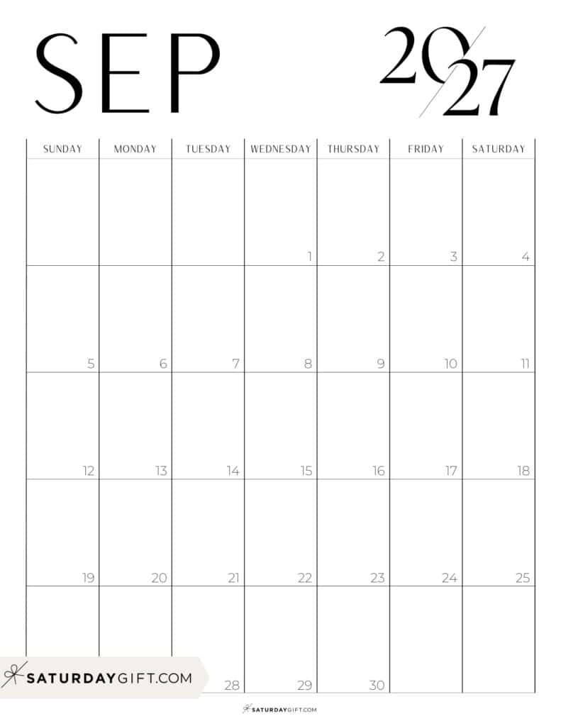 Chic Black and White September 2027 Calendar Free Printable Portrait Sunday-Start | SaturdayGift