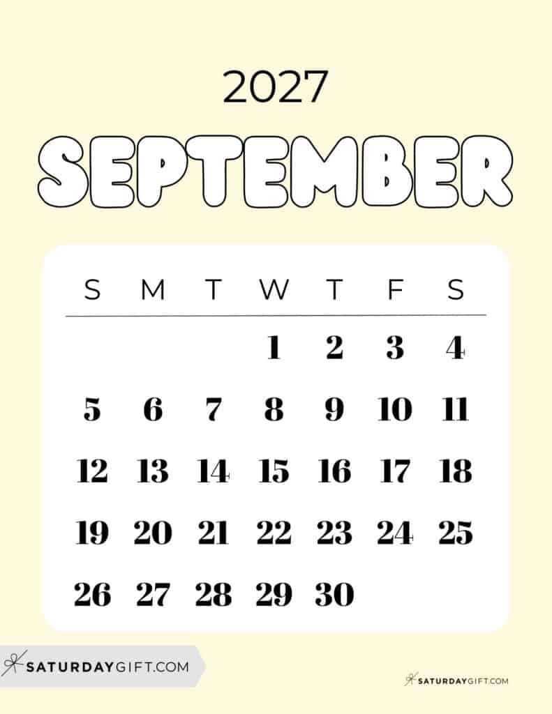 Cute Bubbly September 2027 Calendar Light Yellow Free Printable Sunday Starting Weeks | SaturdayGift