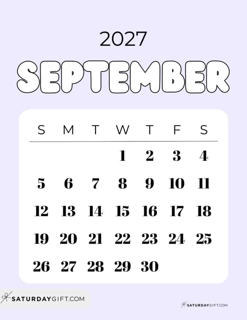 Cute Bubbly September 2027 Calendar Lilac Free Printable Sunday Starting Weeks | SaturdayGift