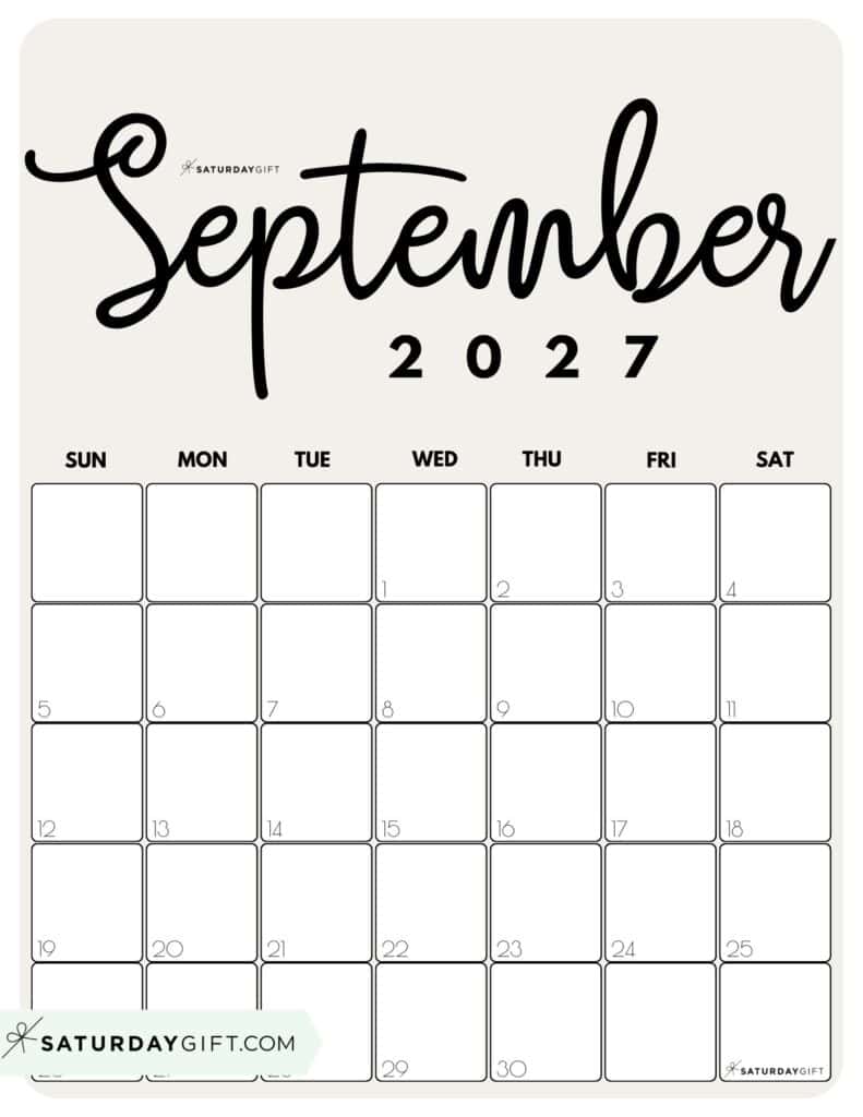 Cute Printable September 2027 Calendar by Month Beige Vertical Sunday-start | SaturdayGift
