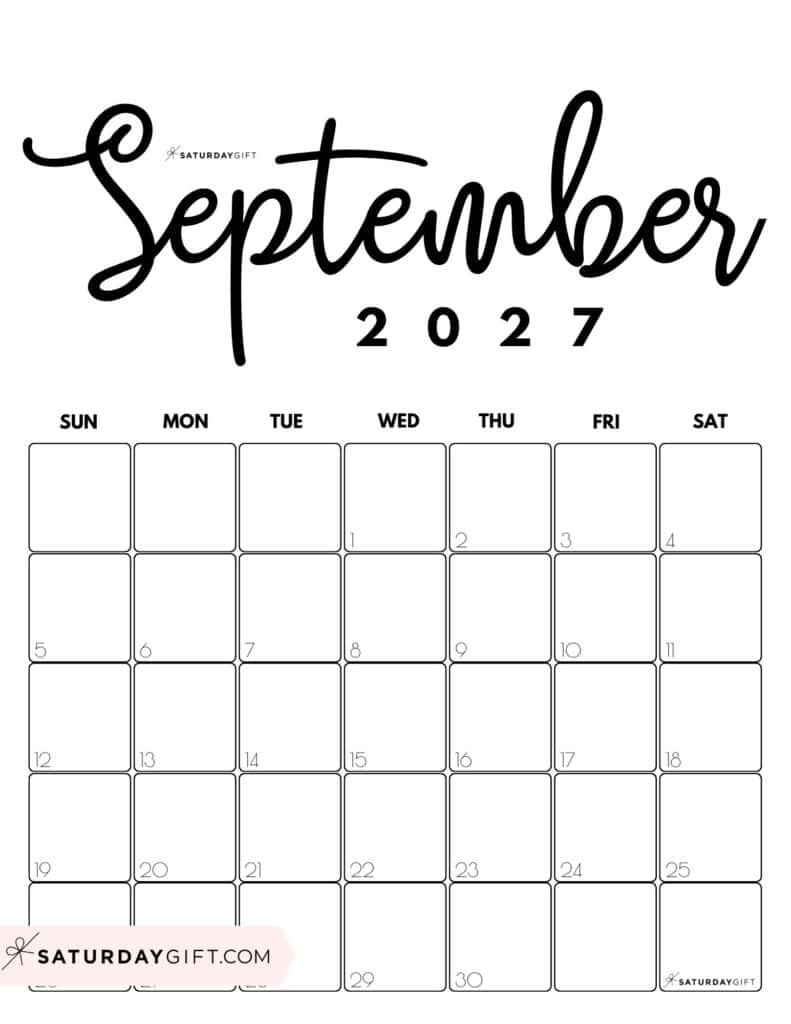 Cute Printable September 2027 Calendar by Month Black White Vertical Sunday-start | SaturdayGift