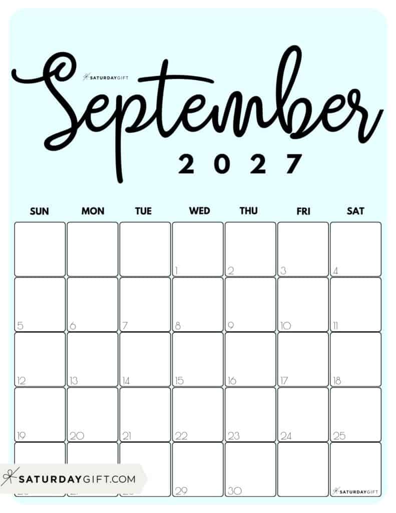 Cute Printable September 2027 Calendar by Month Blue Vertical Sunday-start | SaturdayGift