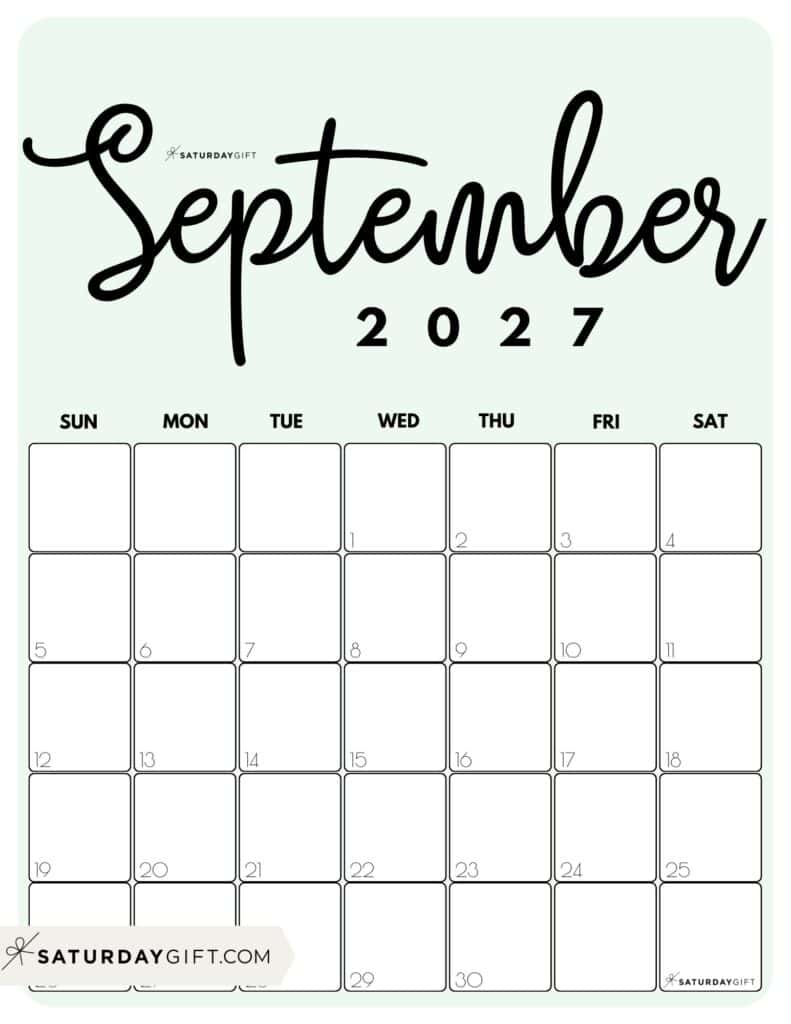 Cute Printable September 2027 Calendar by Month Green Vertical Sunday-start | SaturdayGift