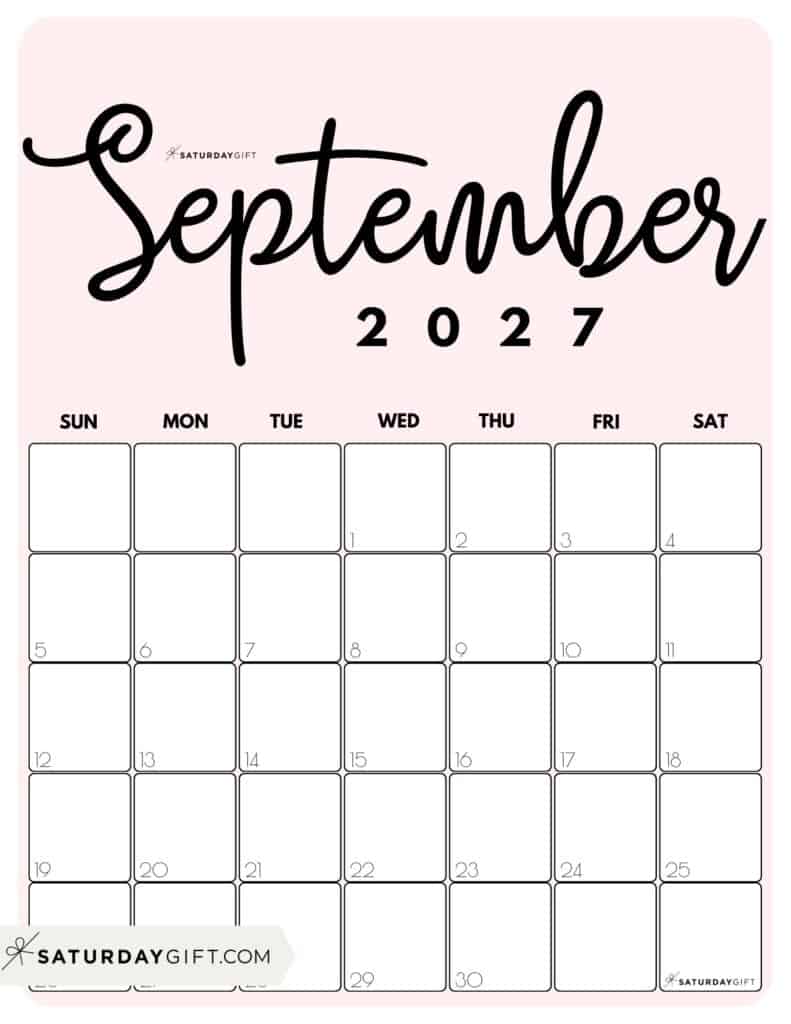 Cute Printable September 2027 Calendar by Month Pink Vertical Sunday-start | SaturdayGift