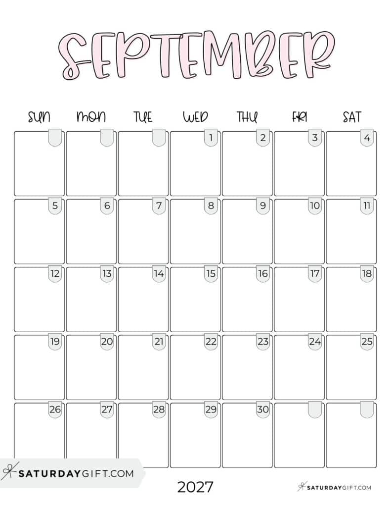 Cute Simple September 2027 Calenda Aesthetic Free Printable PDF Sunday Star | SaturdayGift