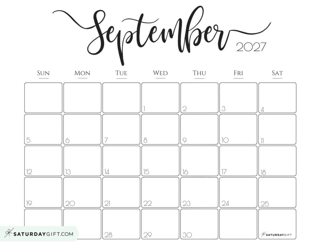 Elegant September 2027 calendar Free Printable Horizontal Landscape Black & White Sunday-Start | SaturdayGift