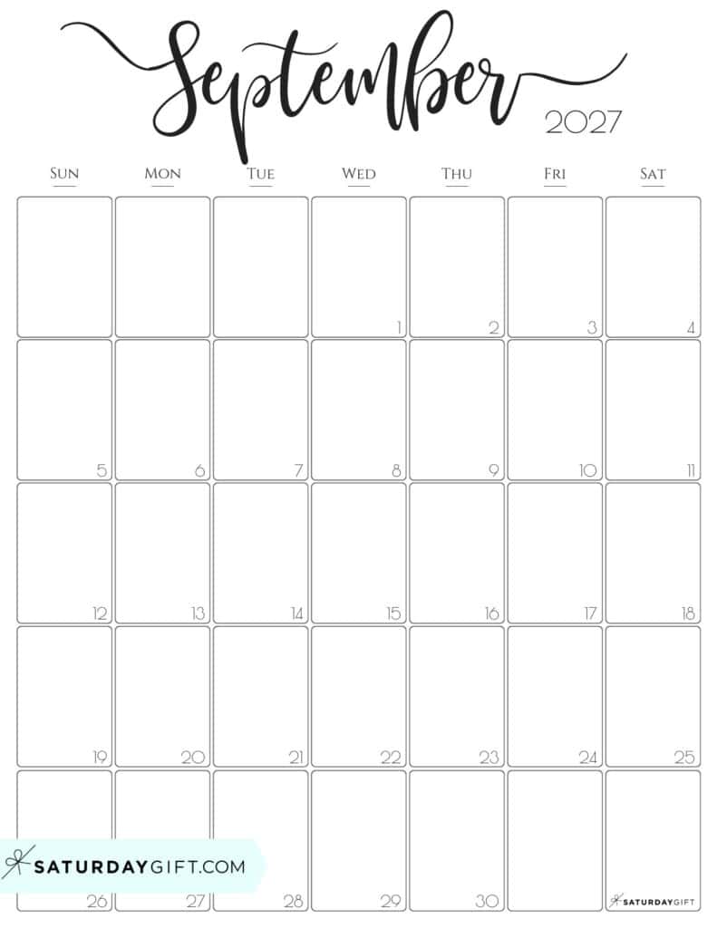 Elegant September 2027 Calendar Free Printable Vertical Portrait Black White Sunday Start | SaturdayGift