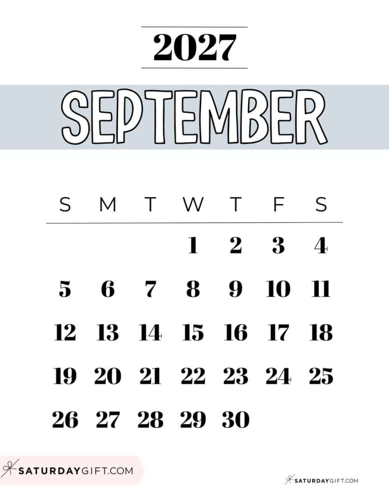 Free Printable Grey September 2027 Calendar Template PDF Sunday-Start | SaturdayGift