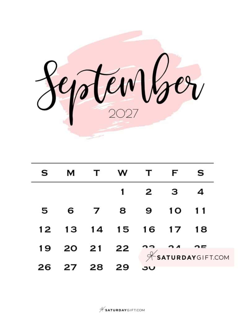 Monthly September 2027 Calendar Sunday Start Pink Paint | SaturdayGift