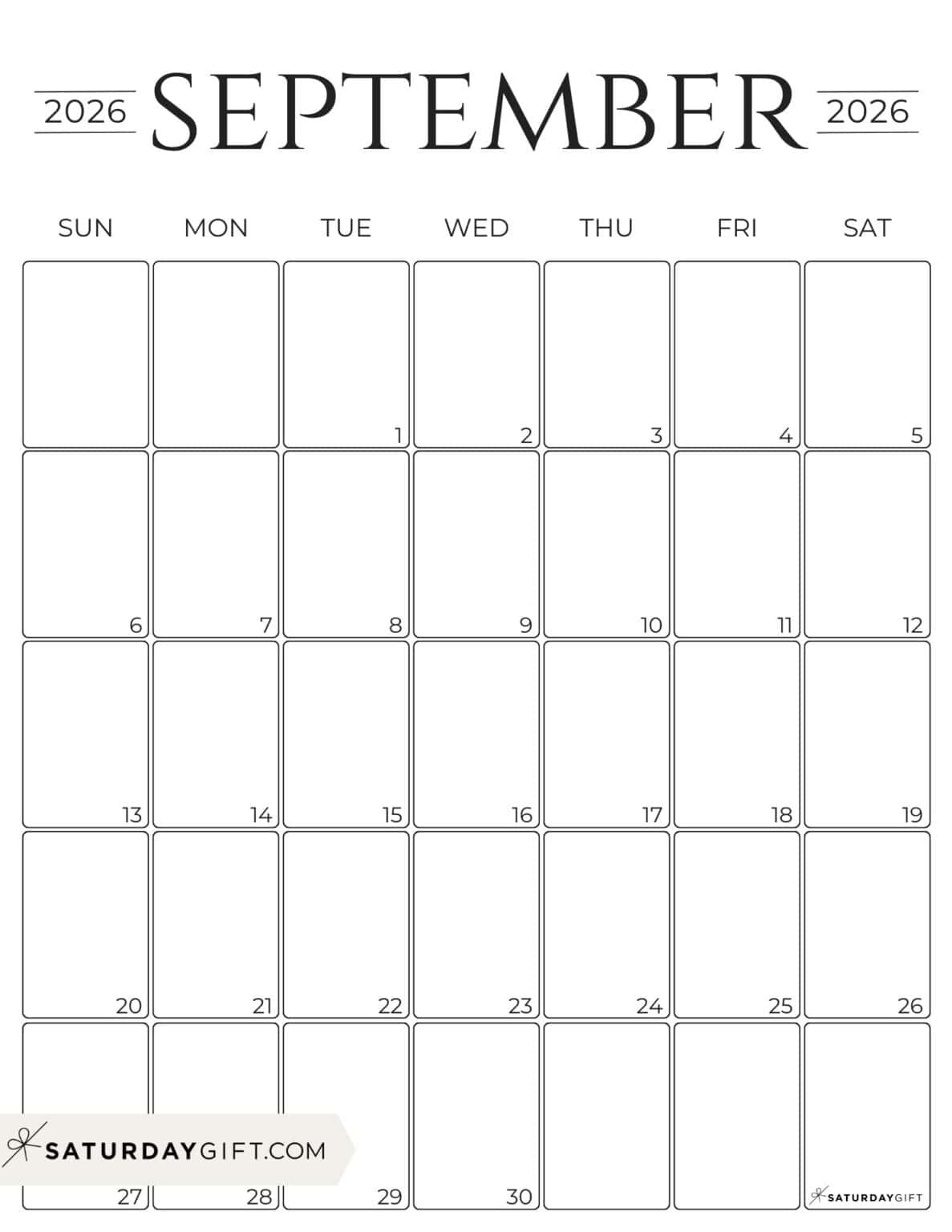 September 2026 Calendars - 23 Cute Free Printable PDFs by SaturdayGift