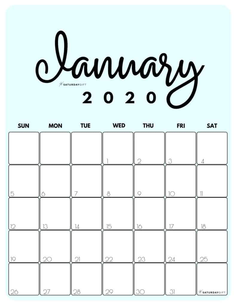 January 2020 Cute Monthly Calendar Blue PDF | SaturdayGift