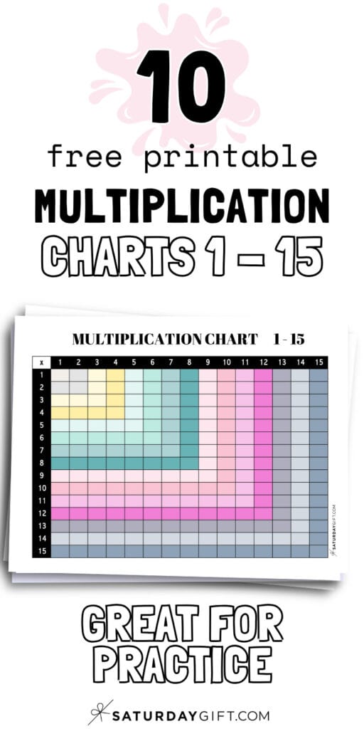 10 Free Printable Multiplication Charts 1 to 15 - Great for Practice | SaturdayGift