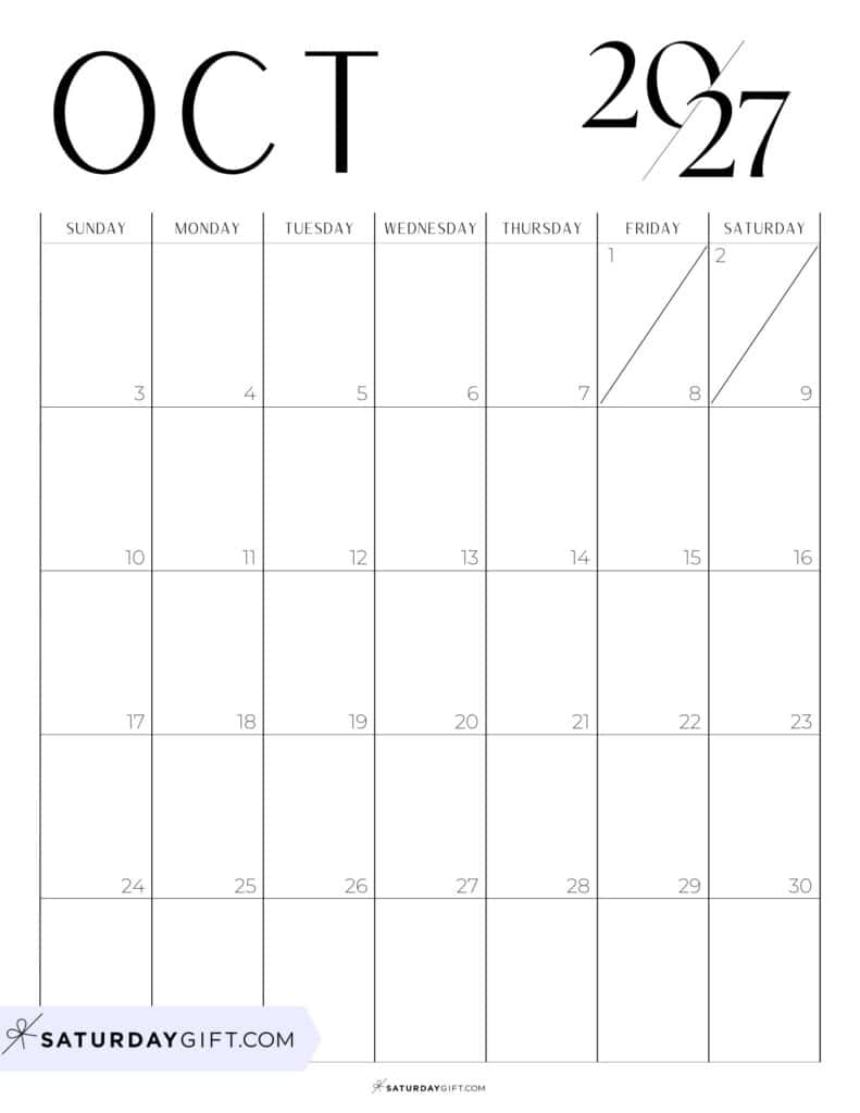 Chic Black and White October 2027 Calendar Free Printable Portrait Sunday-Start | SaturdayGift