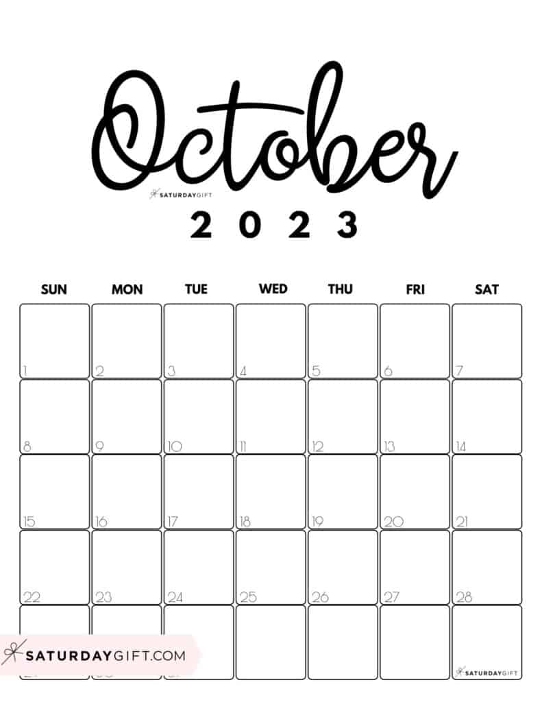 10 OCT Cute Printable October 2023 Calendar by Month Black & White Vertical Sunday-start