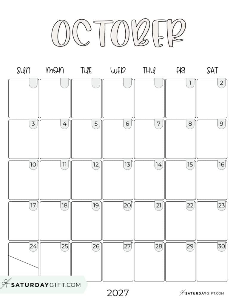 Cute Simple October 2027 Calenda Aesthetic Free Printable PDF Sunday Star | SaturdayGift