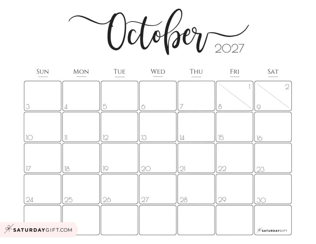 Elegant October 2027 calendar Free Printable Horizontal Landscape Black & White Sunday-Start | SaturdayGift