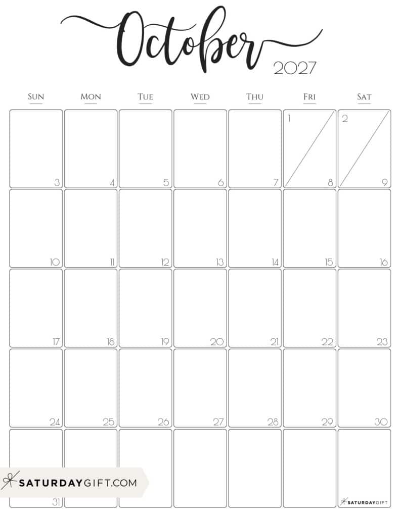 Elegant October 2027 Calendar Free Printable Vertical Portrait Black White Sunday Start | SaturdayGift