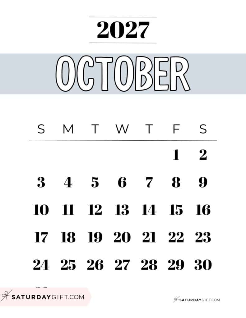 Free Printable Grey October 2027 Calendar Template PDF Sunday-Start | SaturdayGift