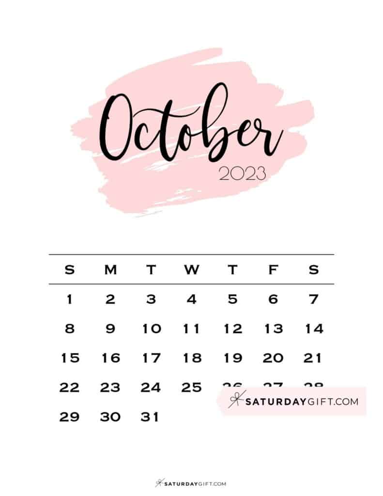 10 OCT Monthly October 2023 Calendar Sunday Start Pink Paint