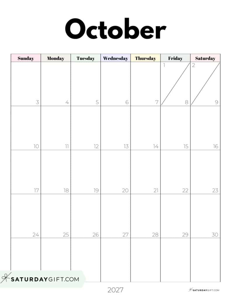 Pretty Pastels October 2027 Calendar Free Printable Portrait Sunday-Start | SaturdayGift