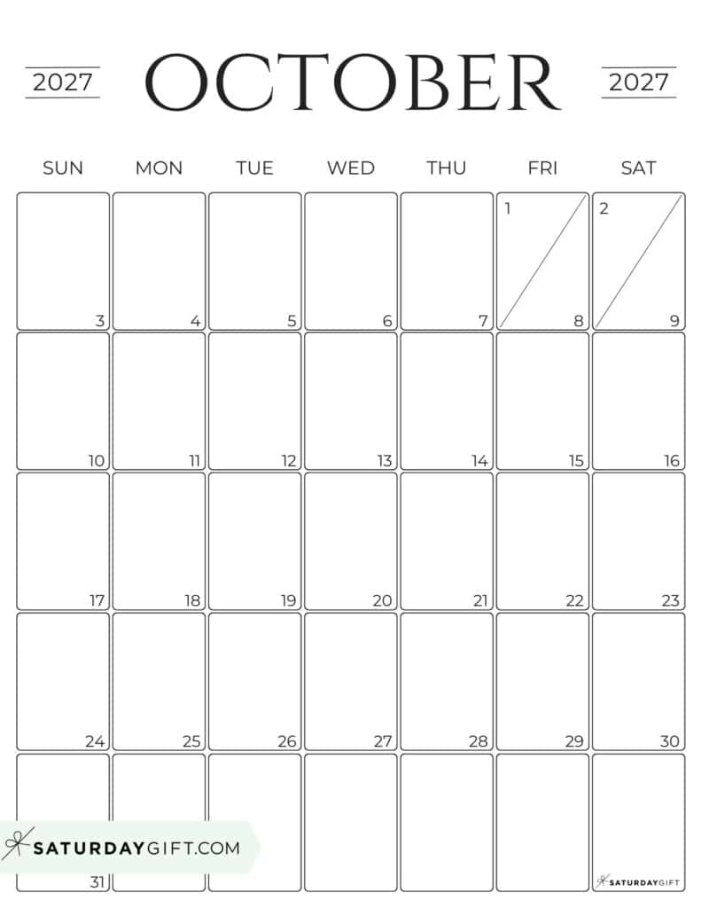 Simple Portrait October 2027 Calendar Free Printable Business Calendar Black & White Sunday-Start | SaturdayGift