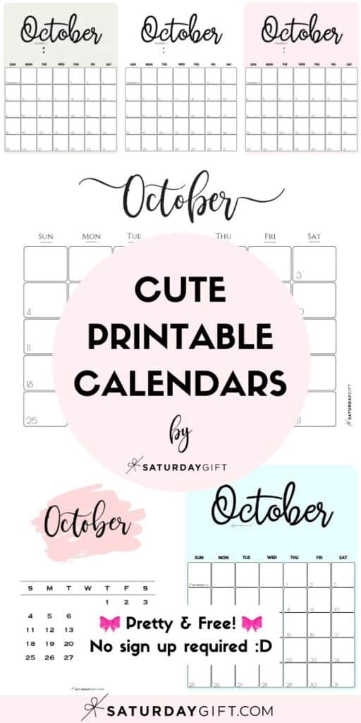 Cute & Free Printable October Monthly Calendars Long Pin Collage Image | SaturdayGift