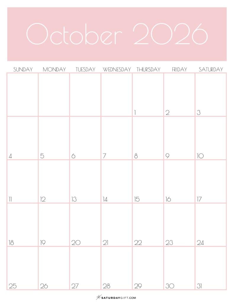 10 Pink Monthly Goals October 2026 Calendar Vertical Sunday-start