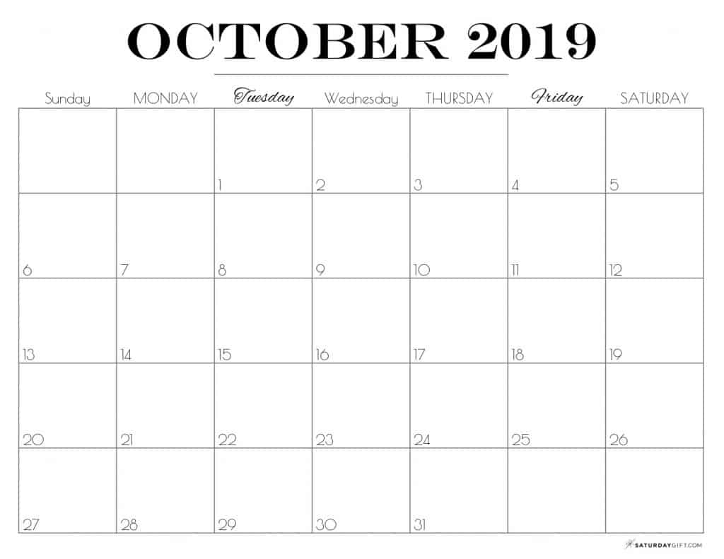 Pretty printable October 2019 Calendar horizontal Sunday start Dated {Free Printables} | SaturdayGift