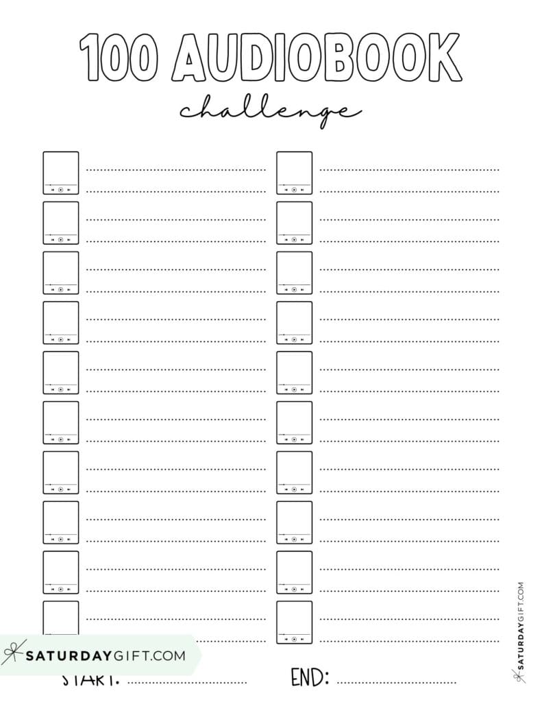 100 Audiobook Challenge Printable Free Blank Black & White List