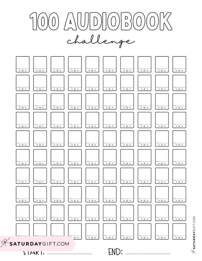 100 Audiobook Challenge Template Printable Free Blank Black & White